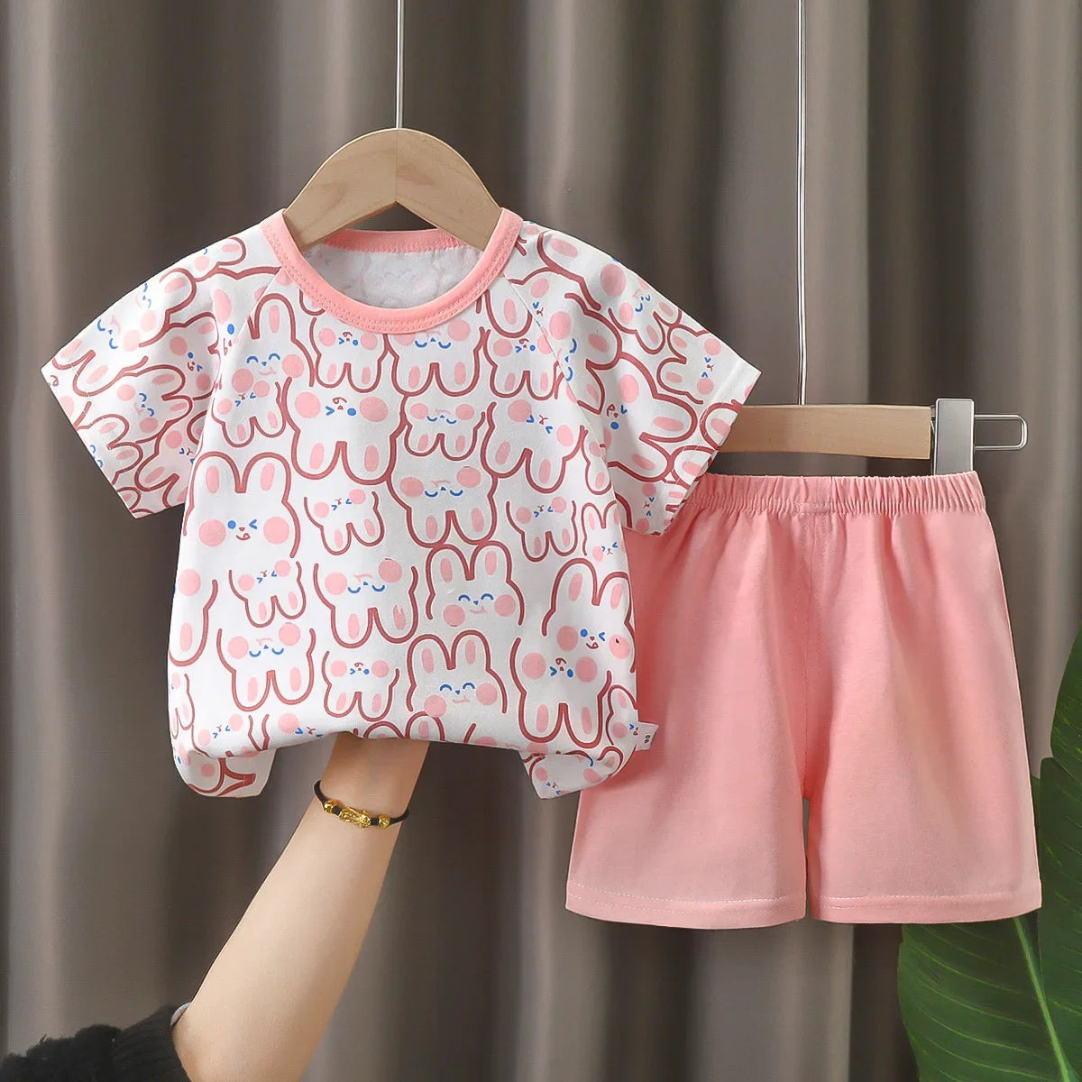 Pink Bunny T-shirt O-neck 2pcs Sets