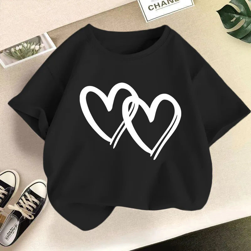 New Summer Round Neck Heart Printed Pure Cotton T-shirt
