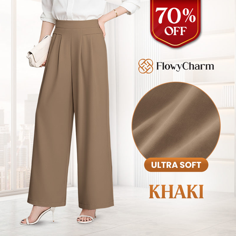 FlowyCharm - Drapey Soft Elegant High-Waisted Wide-Leg Pants