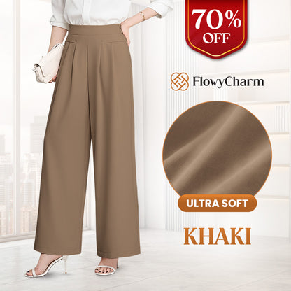 FlowyCharm - Drapey Soft Elegant High-Waisted Wide-Leg Pants