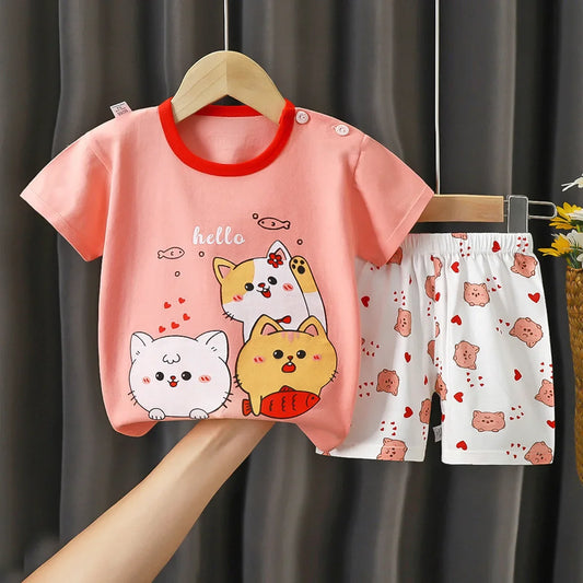Hello Cat T-shirt O-neck 2pcs Sets