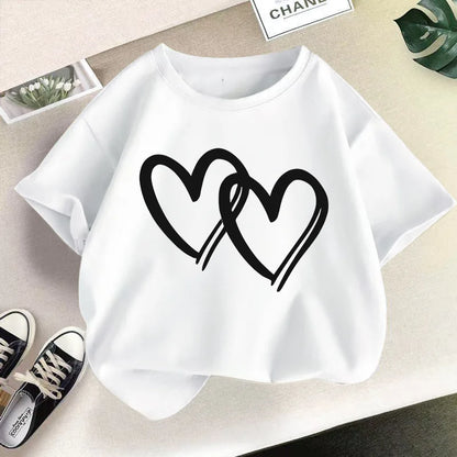 New Summer Round Neck  Heart Printed Pure Cotton T-shirt