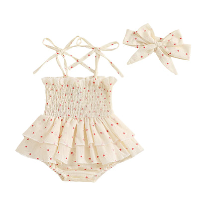 Heart Print Sleeveless Romper Dress with Hairband