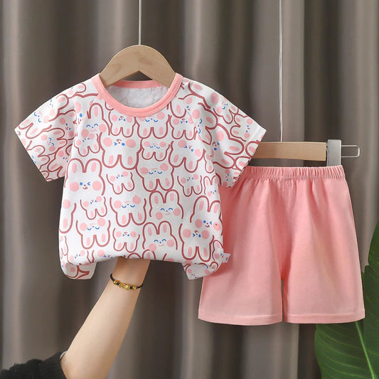 Pink Bunny T-shirt O-neck 2pcs Sets