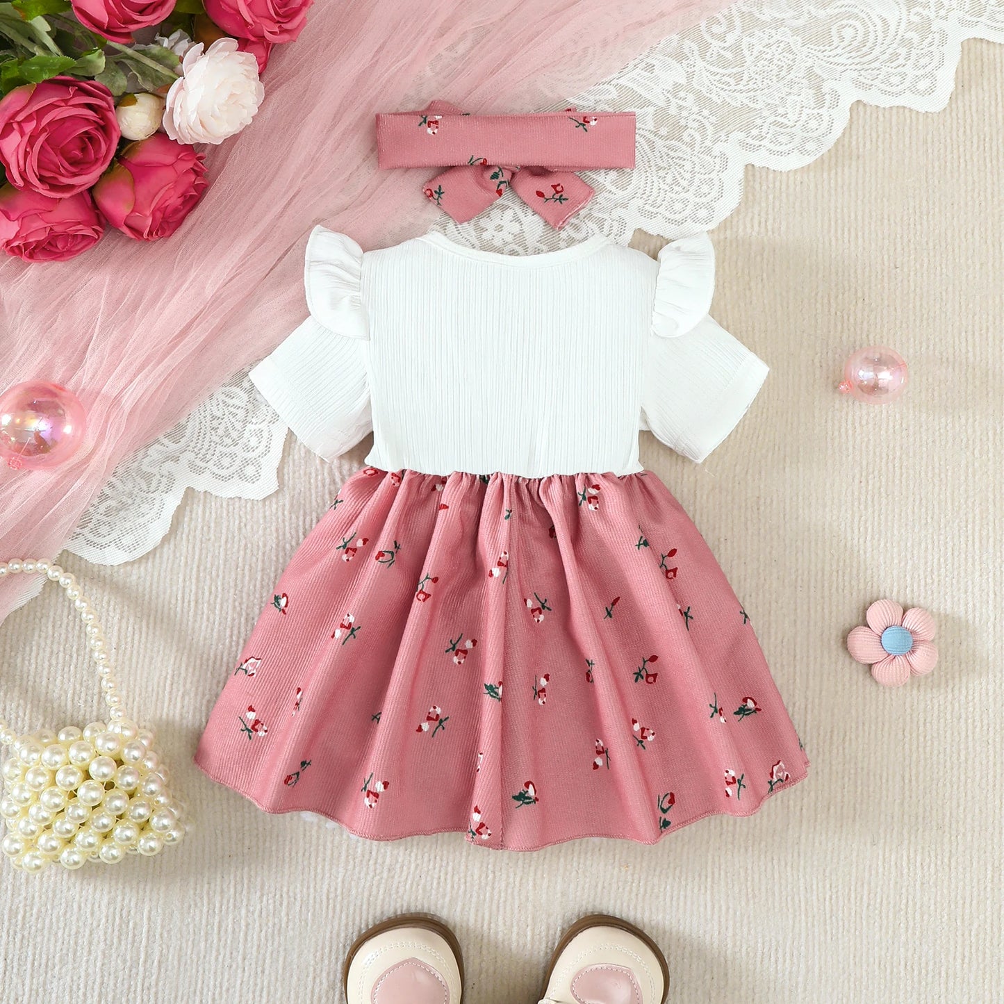 Baby Small Floral Large bow Dress 2pcs Sets