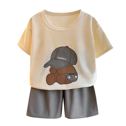 Happy Bear T-shirt O-neck 2pcs Sets