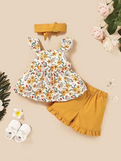 Baby Girl Floral Sling Top with Bow Shorts and Headband