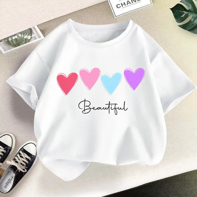 New Summer Round Neck  Heart Printed Pure Cotton T-shirt