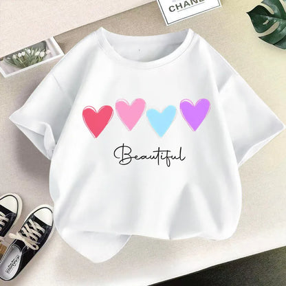 New Summer Round Neck  Heart Printed Pure Cotton T-shirt