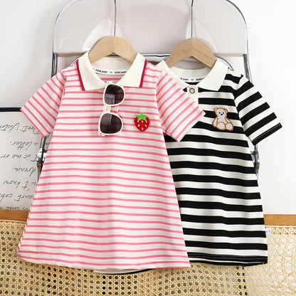 Kids Striped Strawberry lapel  Dress
