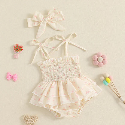 Heart Print Sleeveless Romper Dress with Hairband