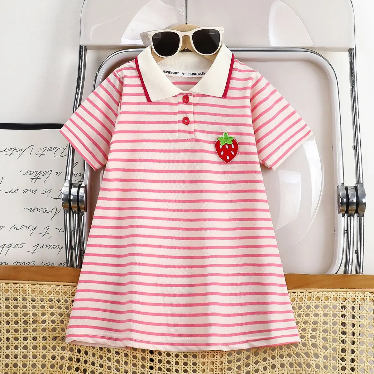 Kids Striped Strawberry lapel  Dress