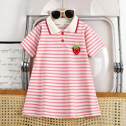 Kids Striped Strawberry lapel  Dress