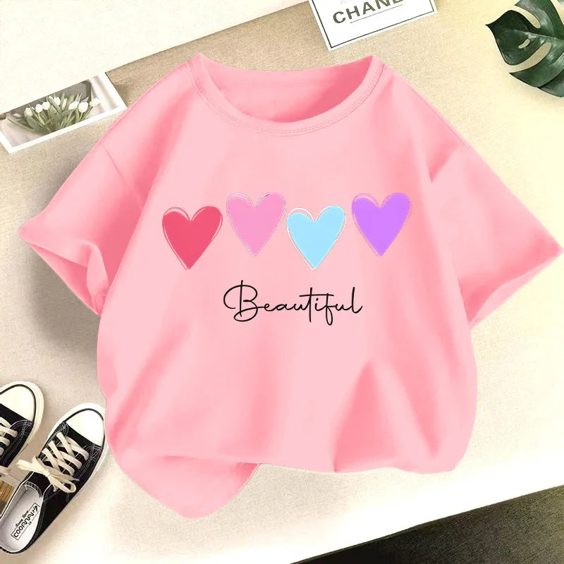 New Summer Round Neck  Heart Printed Pure Cotton T-shirt
