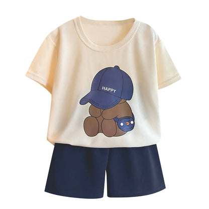 Happy Bear T-shirt O-neck 2pcs Sets