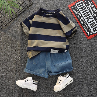 Baby Boy Solid Color Striped Short Sleeves 2Pcs
