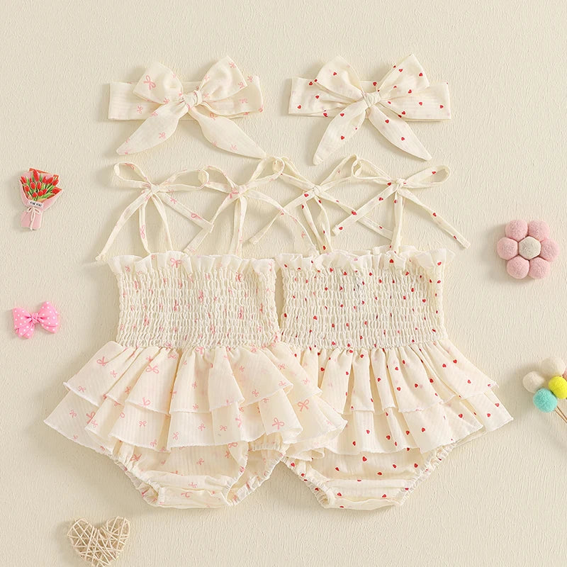Heart Print Sleeveless Romper Dress with Hairband