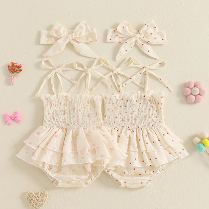 Heart Print Sleeveless Romper Dress with Hairband