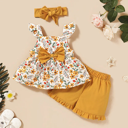 Baby Girl Floral Sling Top with Bow Shorts and Headband