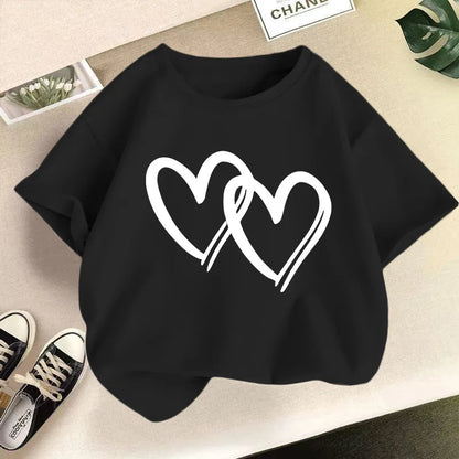 New Summer Round Neck  Heart Printed Pure Cotton T-shirt