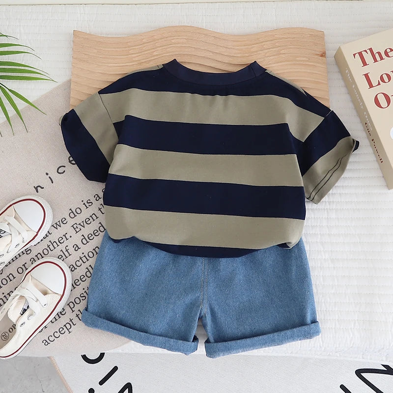 Baby Boy Solid Color Striped Short Sleeves 2Pcs
