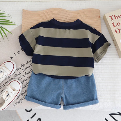 Baby Boy Solid Color Striped Short Sleeves 2Pcs