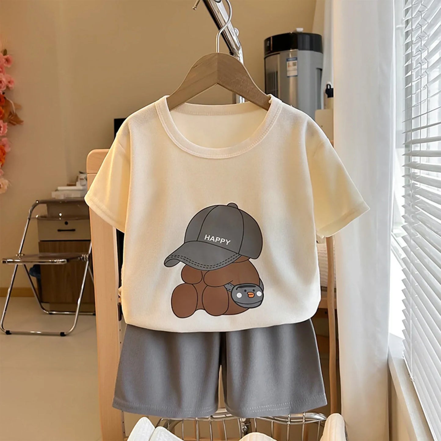 Happy Bear T-shirt O-neck 2pcs Sets