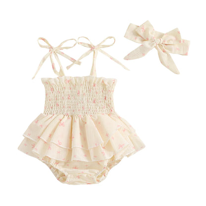 Heart Print Sleeveless Romper Dress with Hairband