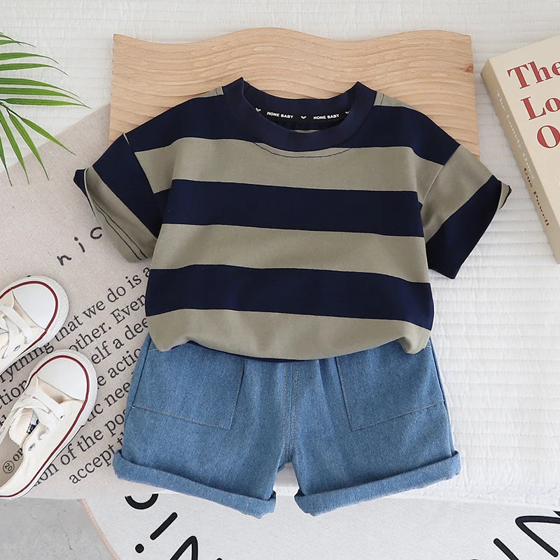 Baby Boy Solid Color Striped Short Sleeves 2Pcs