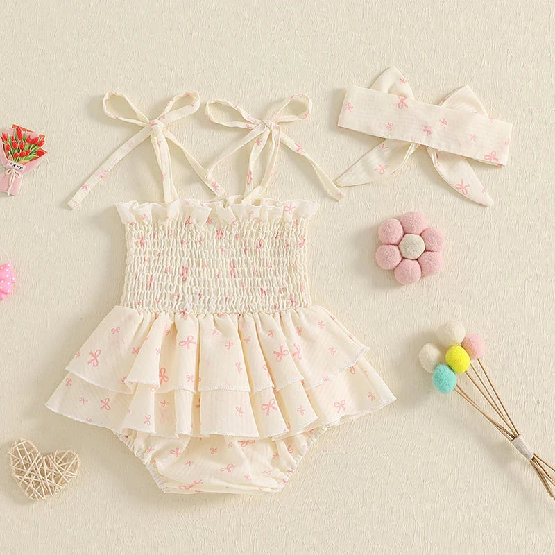 Heart Print Sleeveless Romper Dress with Hairband