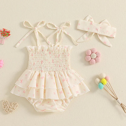 Heart Print Sleeveless Romper Dress with Hairband