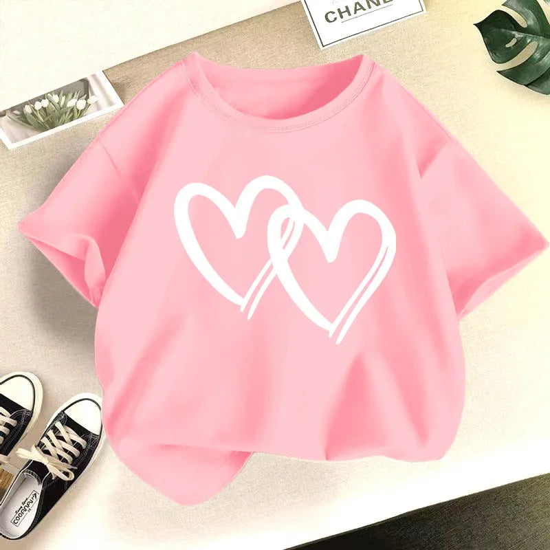 New Summer Round Neck  Heart Printed Pure Cotton T-shirt