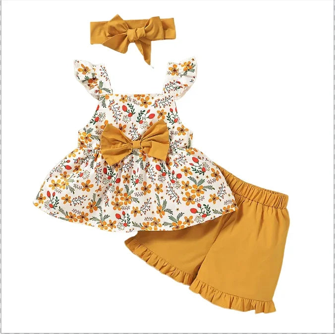 Baby Girl Floral Sling Top with Bow Shorts and Headband