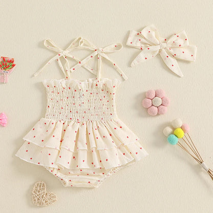 Heart Print Sleeveless Romper Dress with Hairband