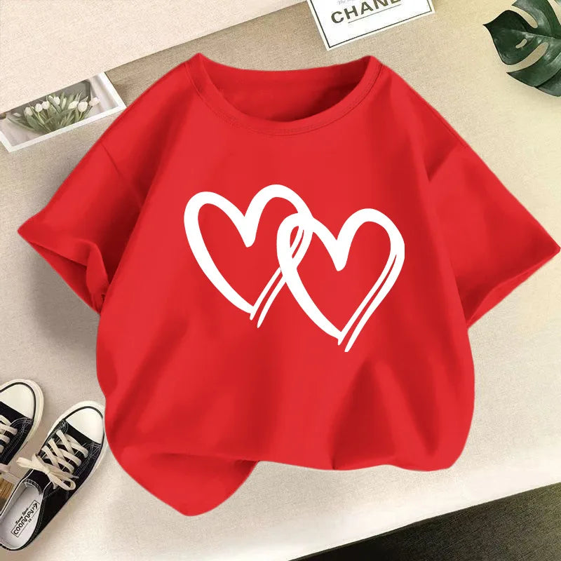 New Summer Round Neck  Heart Printed Pure Cotton T-shirt