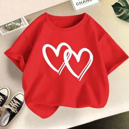 New Summer Round Neck  Heart Printed Pure Cotton T-shirt